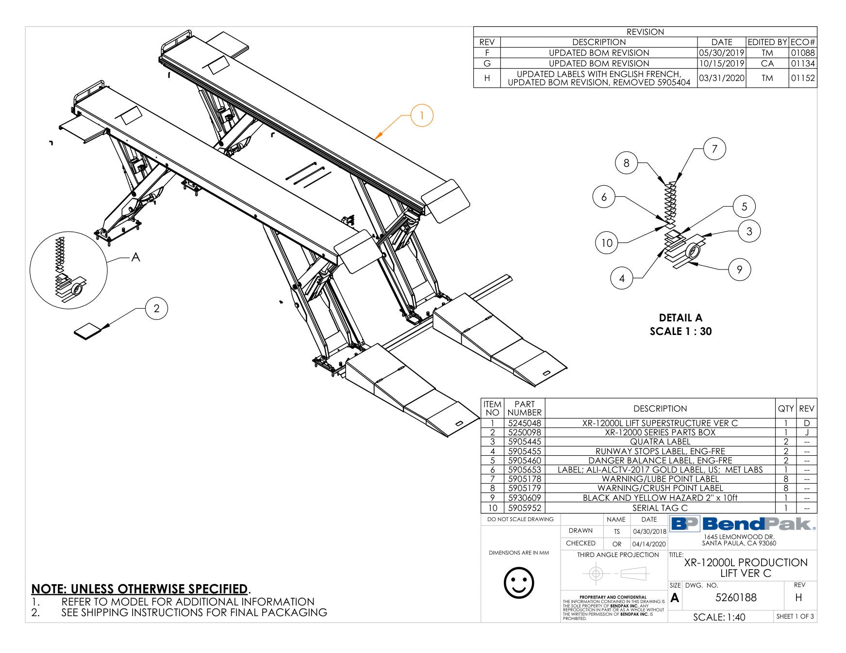 BendPak XR-12000L parts diagram — Label; Serial Tag; 4-POST Lift No- Ce is item 10 (XR-12000L PRODUCTION LIFT VER C)