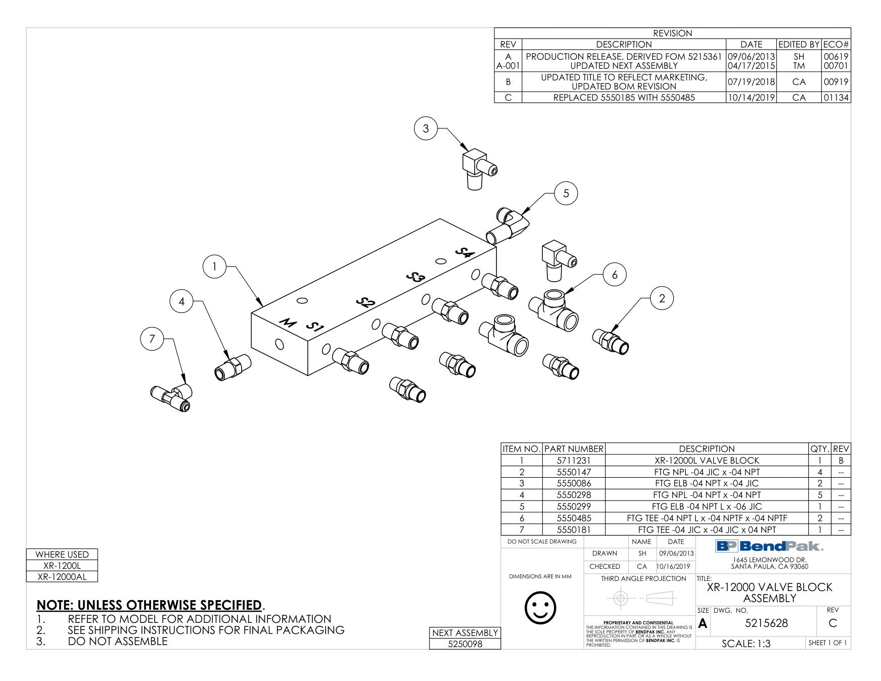 BendPak XR-12000L parts diagram — Tee Fitting 1/4 NPT X 1/4 F NPT X 1/4 F NPT is item 6 (XR-12000 VALVE BLOCK ASSEMBLY)