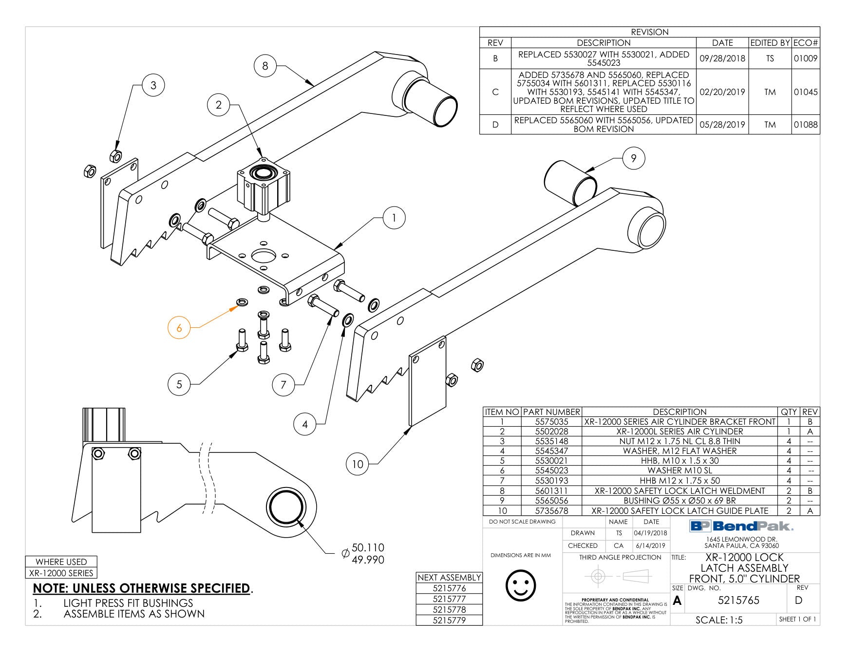 BendPak XR-12000L parts diagram — XR-12 Series Air Cylinder Assembly is item 2 (XR-12000 LOCK LATCH ASSEMBLY FRONT, 5.0" CYLINDER)