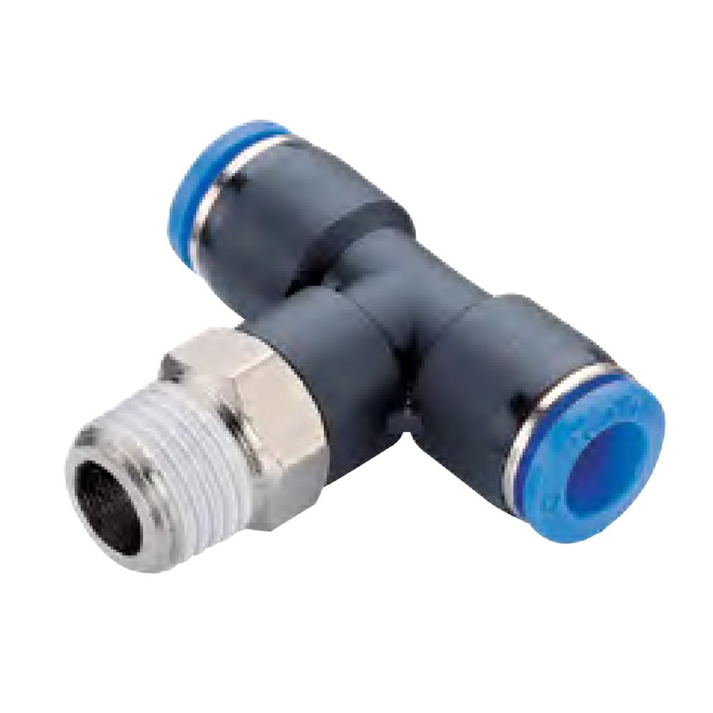 Pushon fitting Metric Resin Swvl Male Tee 8mm Tube x 1/8" BSPT