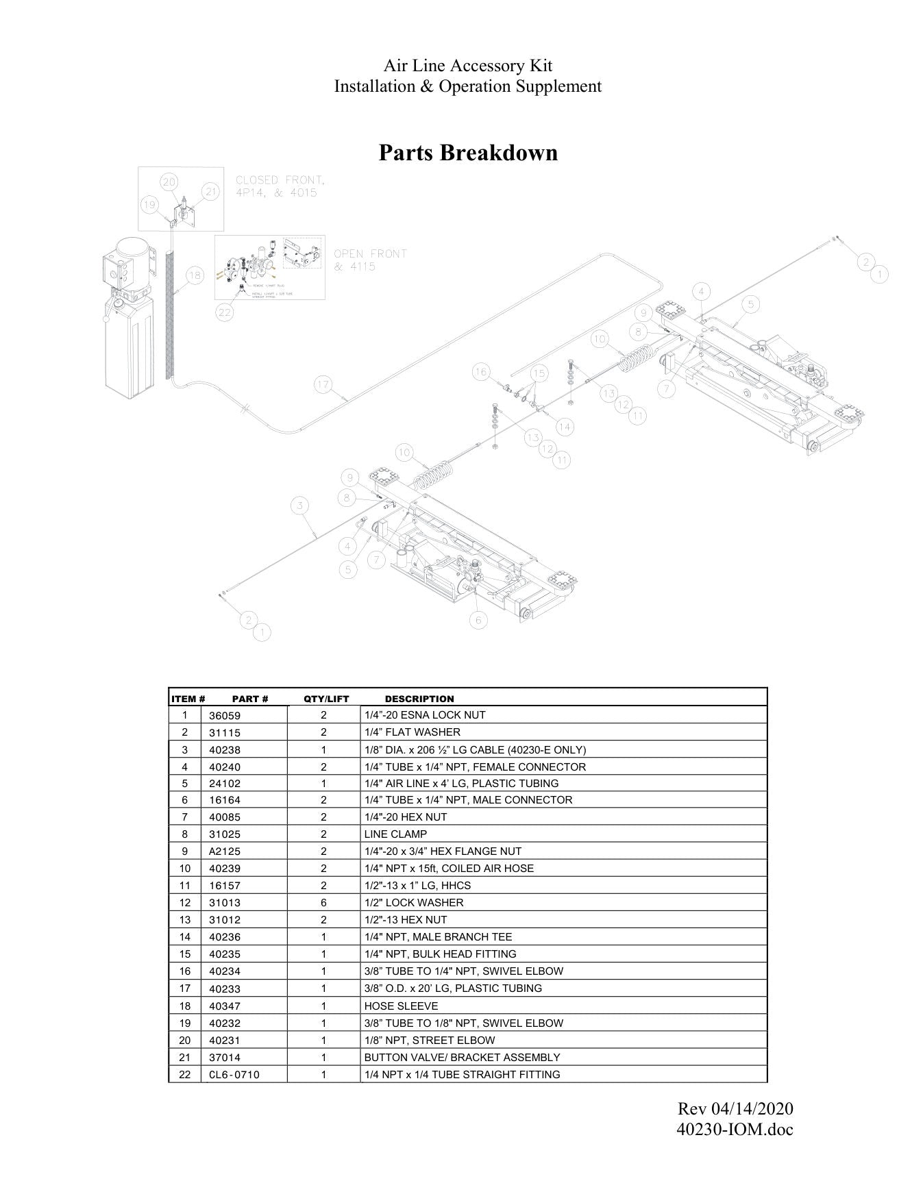 Challenger 40230 parts diagram — this part is item 18 (Air Line Accessory Kit)