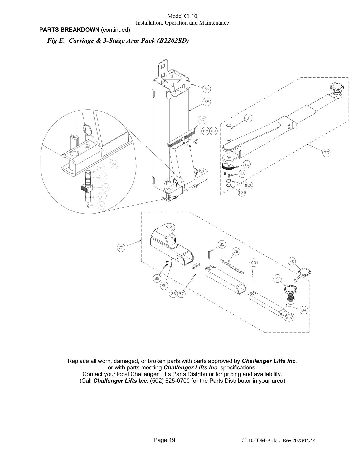 Challenger CL10 parts diagram — this part is item 70 (Carriage & 3-Stage Arm Pack (B2202SD))