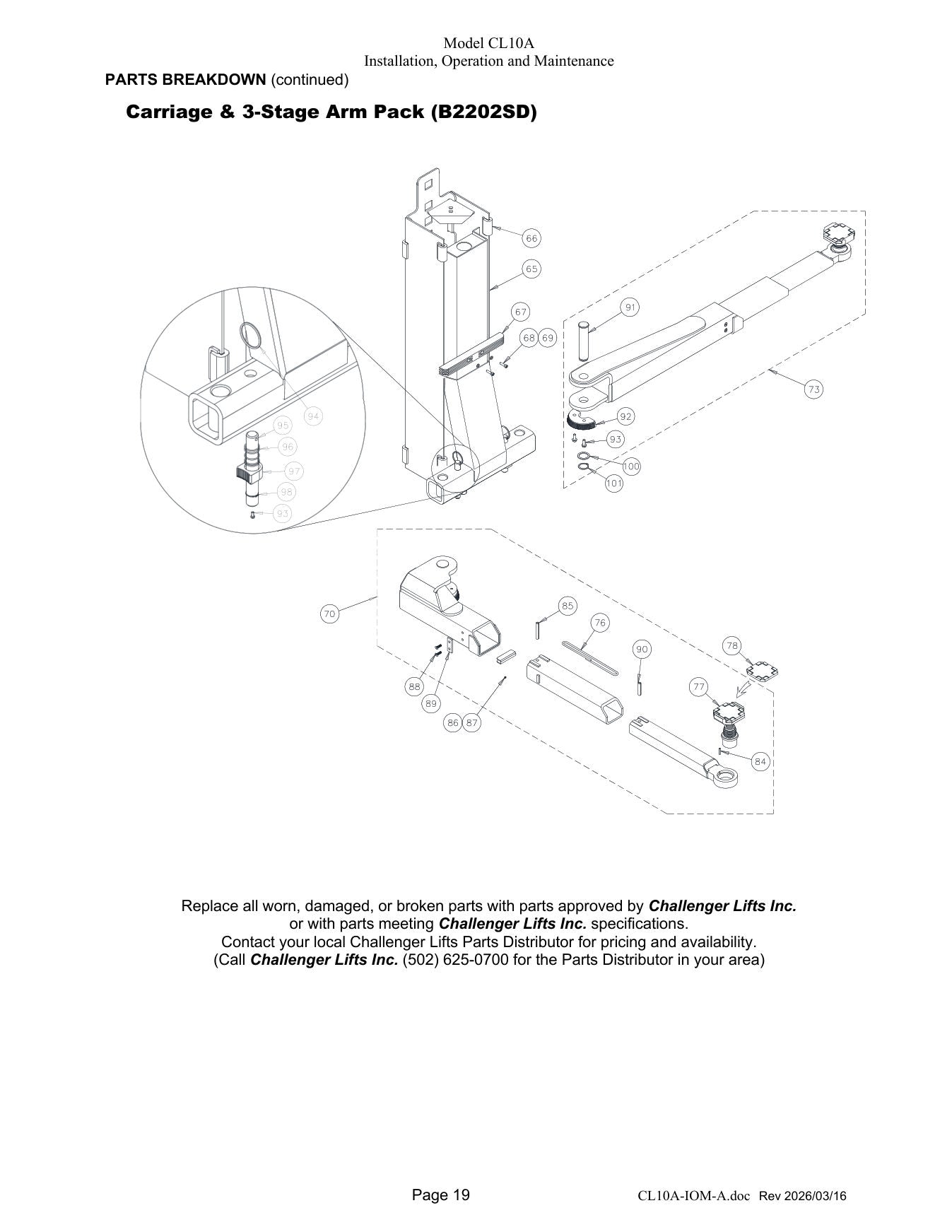 Challenger CL10A parts diagram — this part is item 87 (Carriage & 3-Stage Arm Pack (B2202SD))