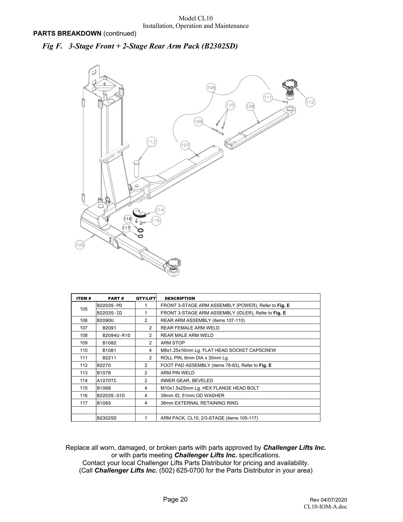 Challenger CL10V3 parts diagram — this part is item 110 (3-Stage Front + 2-Stage Rear Arm Pack (B2302SD))
