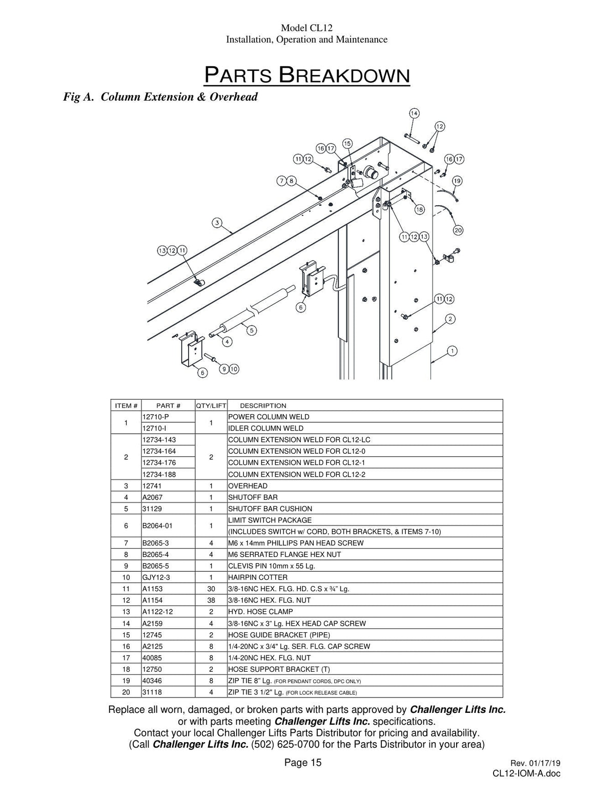 Challenger CL12 parts diagram — this part is item 20 (Column Extension & Overhead)