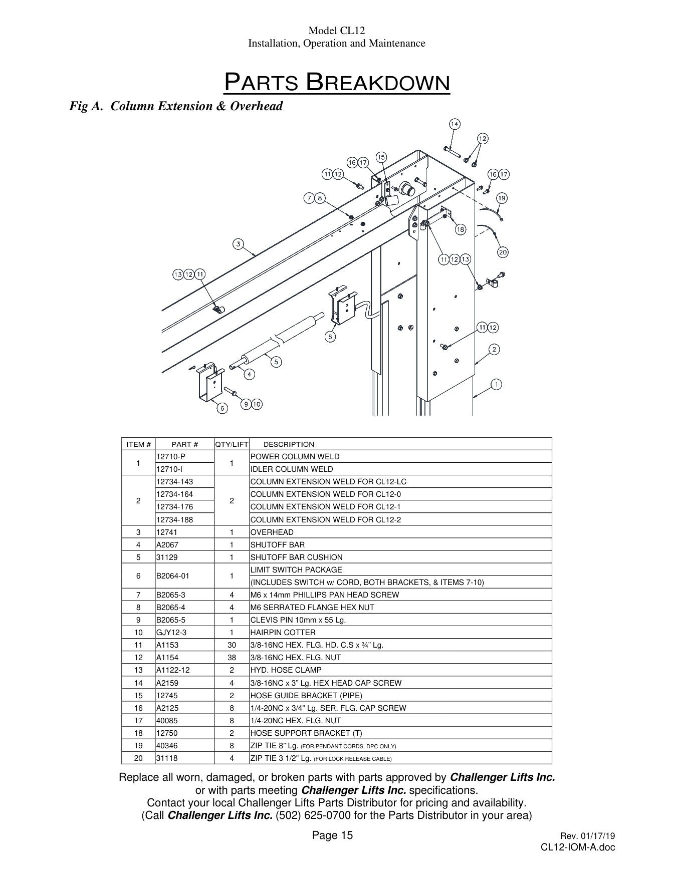 Challenger CL12 parts diagram — this part is item 19 (Column Extension & Overhead)