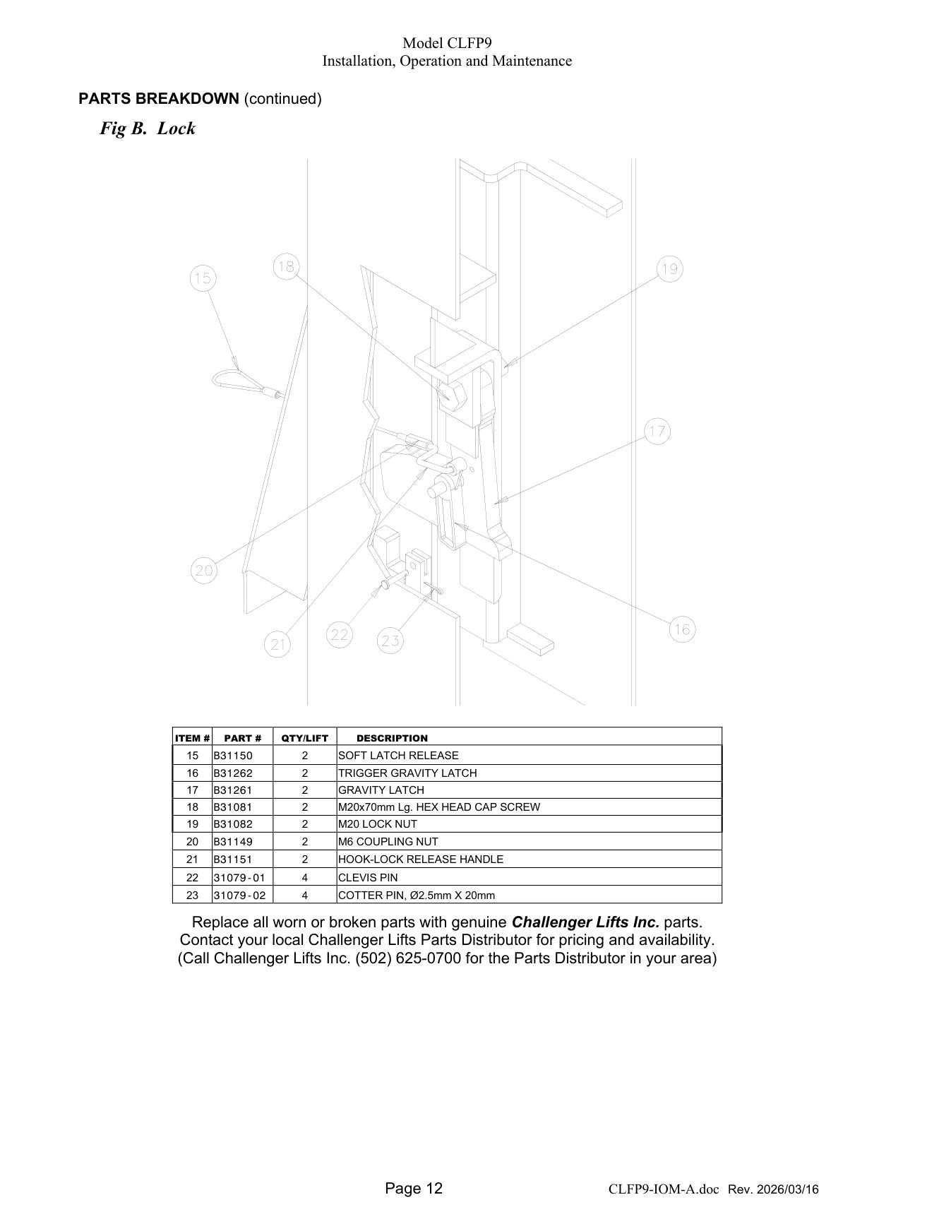 Challenger CLFP9 parts diagram — this part is item 15 (Lock)