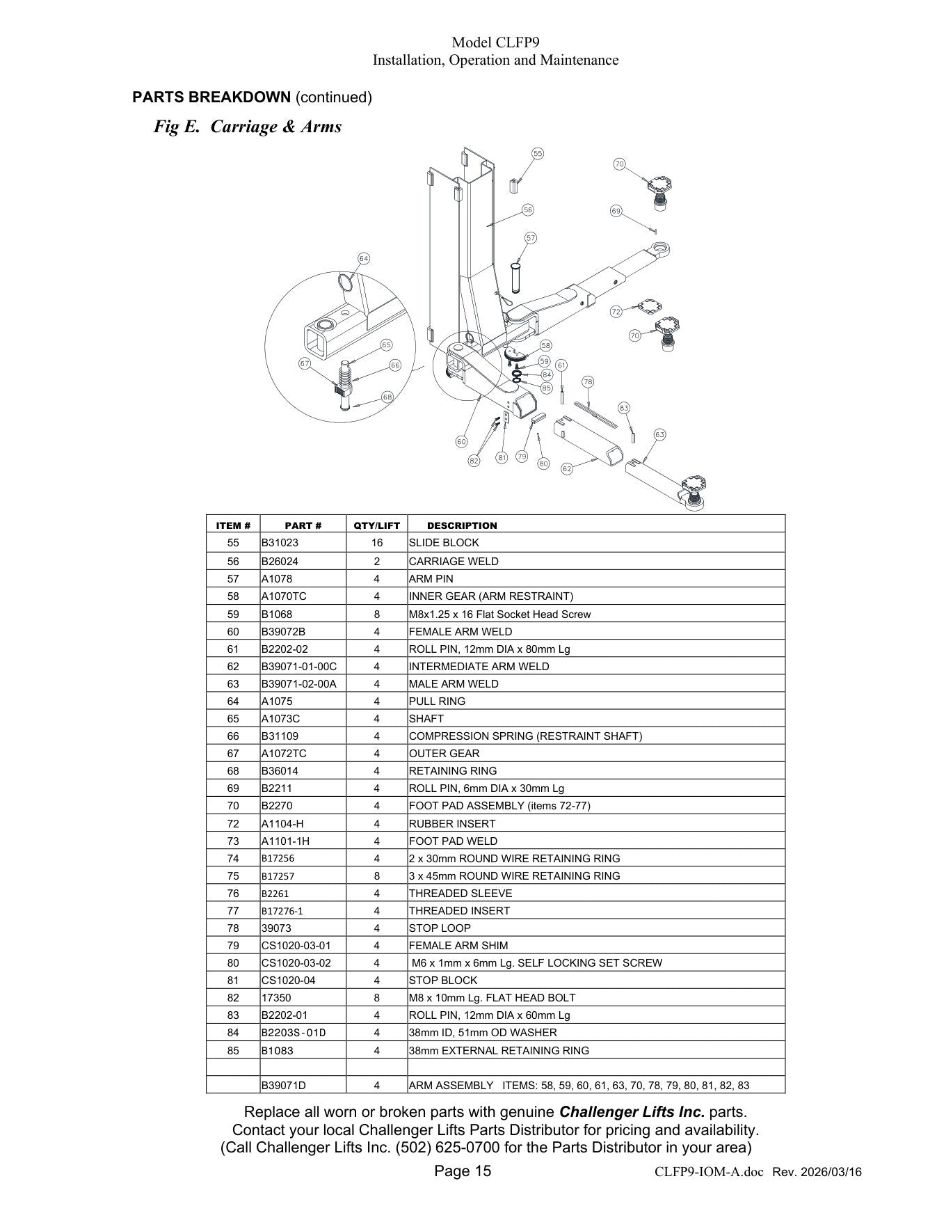 Challenger CLFP9 parts diagram — this part is item 56 (Carriage & Arms)