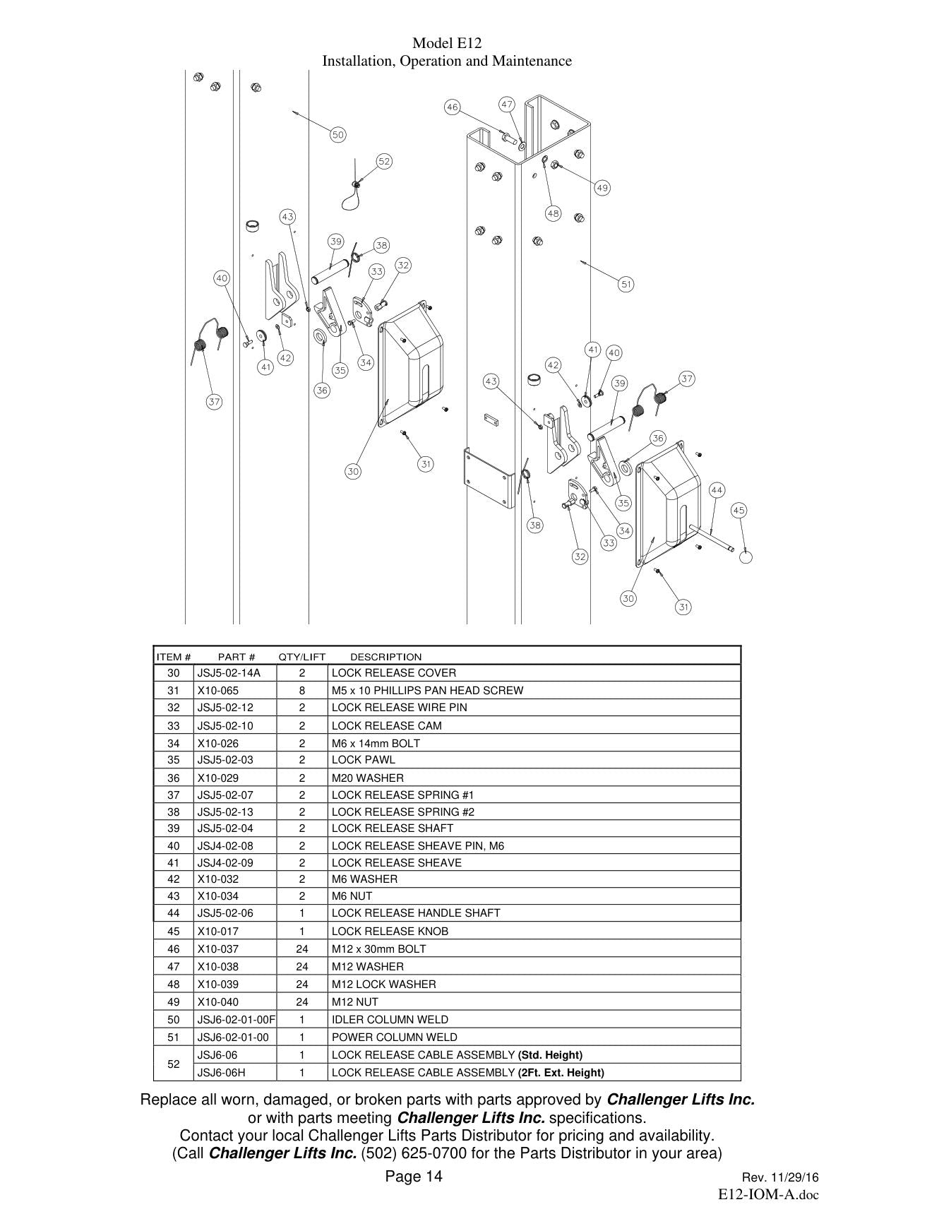 Challenger E12 parts diagram — this part is item 44 (PARTS BREAKDOWN (cont.))