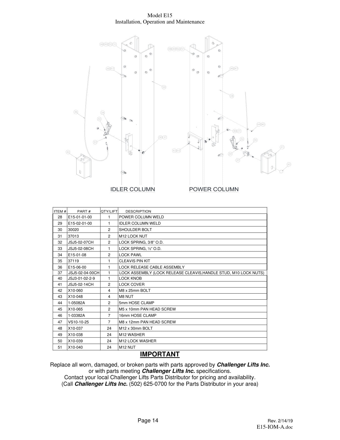 Challenger E15 parts diagram — this part is item 34 (PARTS BREAKDOWN (cont.))