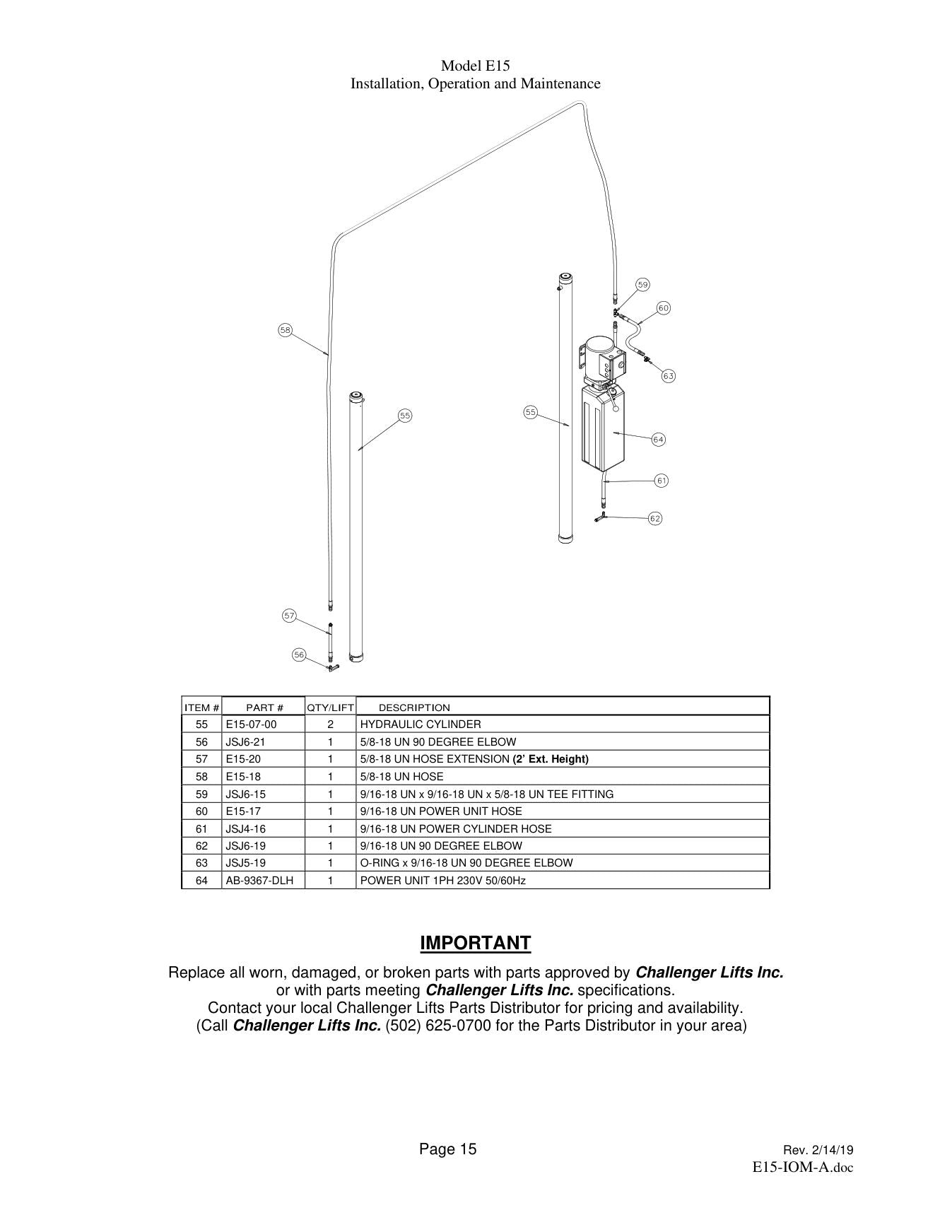 Challenger E15 parts diagram — this part is item 57 (PARTS BREAKDOWN (cont.))
