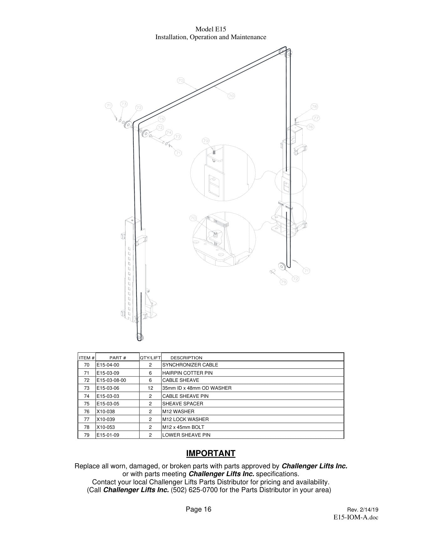 Challenger E15 parts diagram — this part is item 72 (PARTS BREAKDOWN (cont.))