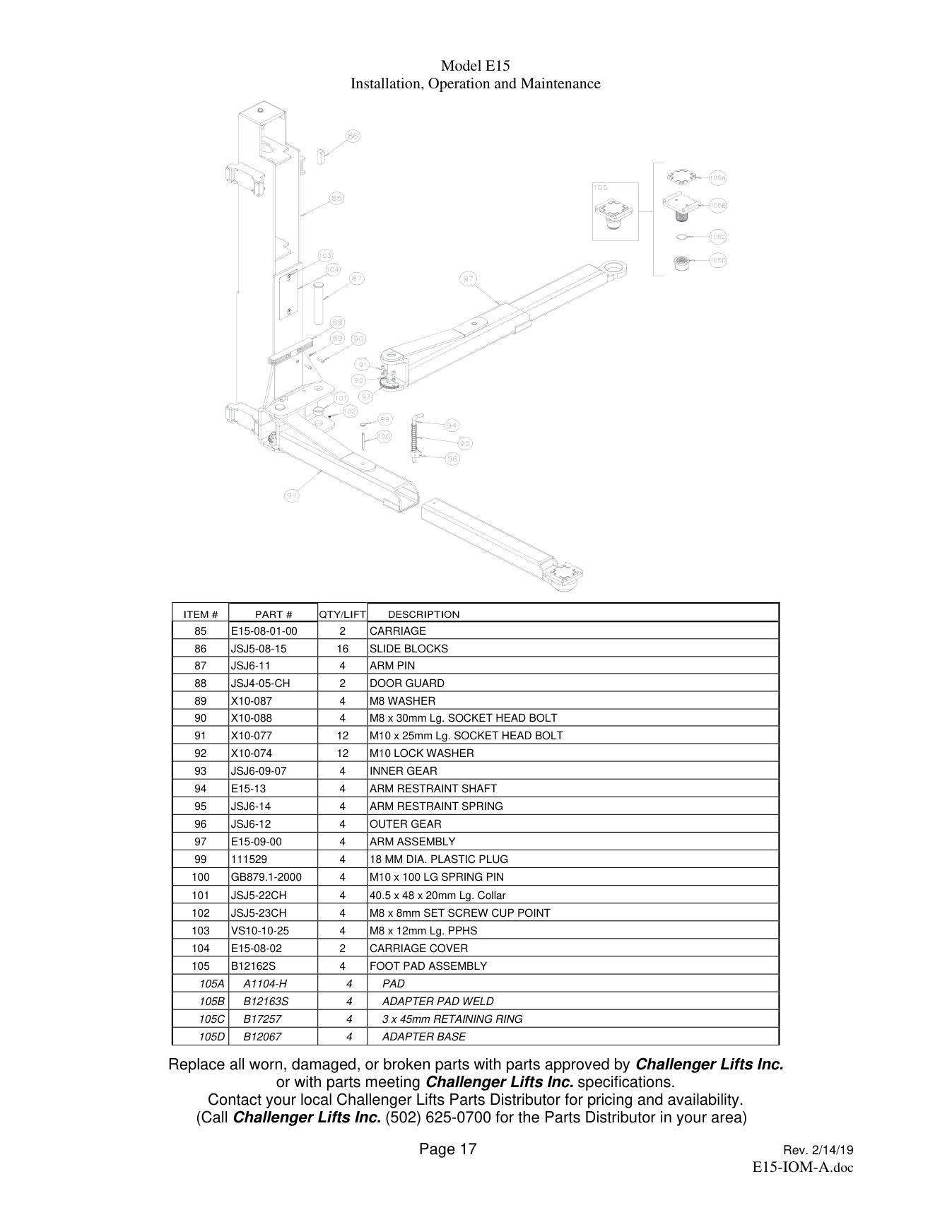Challenger E15 parts diagram