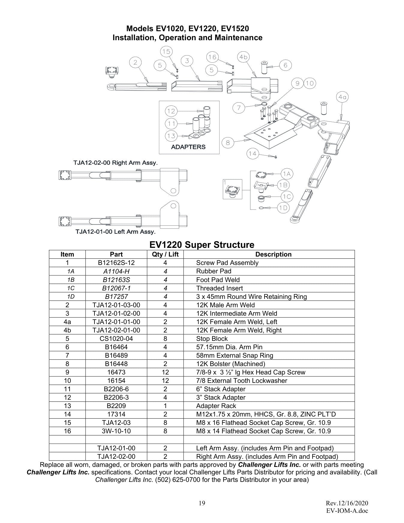 Challenger EV1020 parts diagram — this part is item 16 (EV1220 Super Structure)