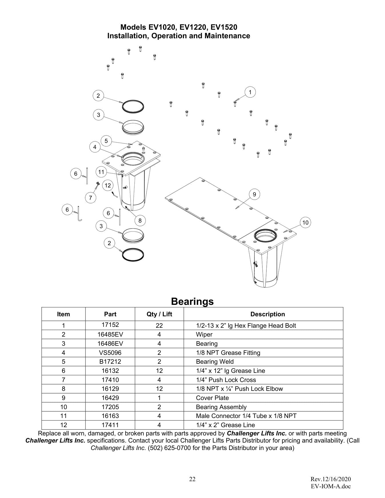 Challenger EV1020 parts diagram — this part is item 2 (Bearings)