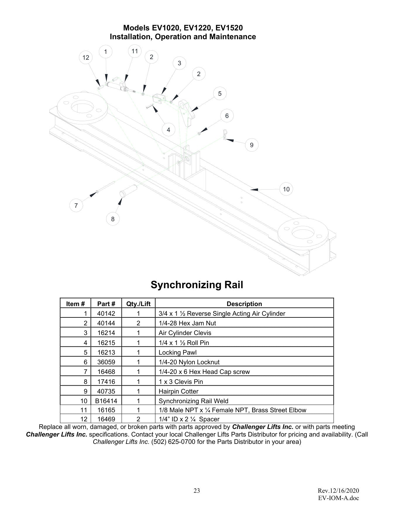 Challenger EV1020 parts diagram — this part is item 2 (Synchronizing Rail)