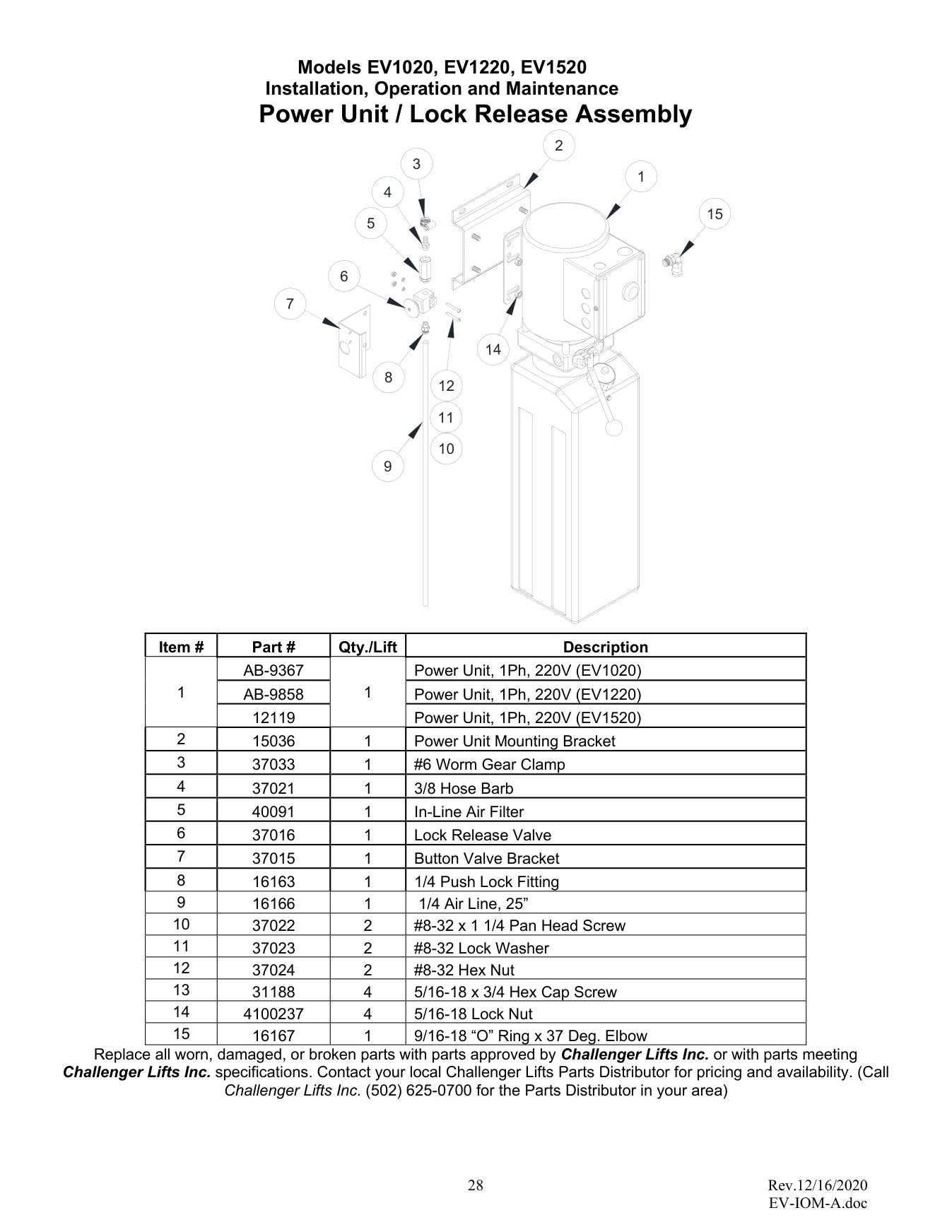 Challenger EV1020 parts diagram — this part is item 3 (Power Unit / Lock Release Assembly)