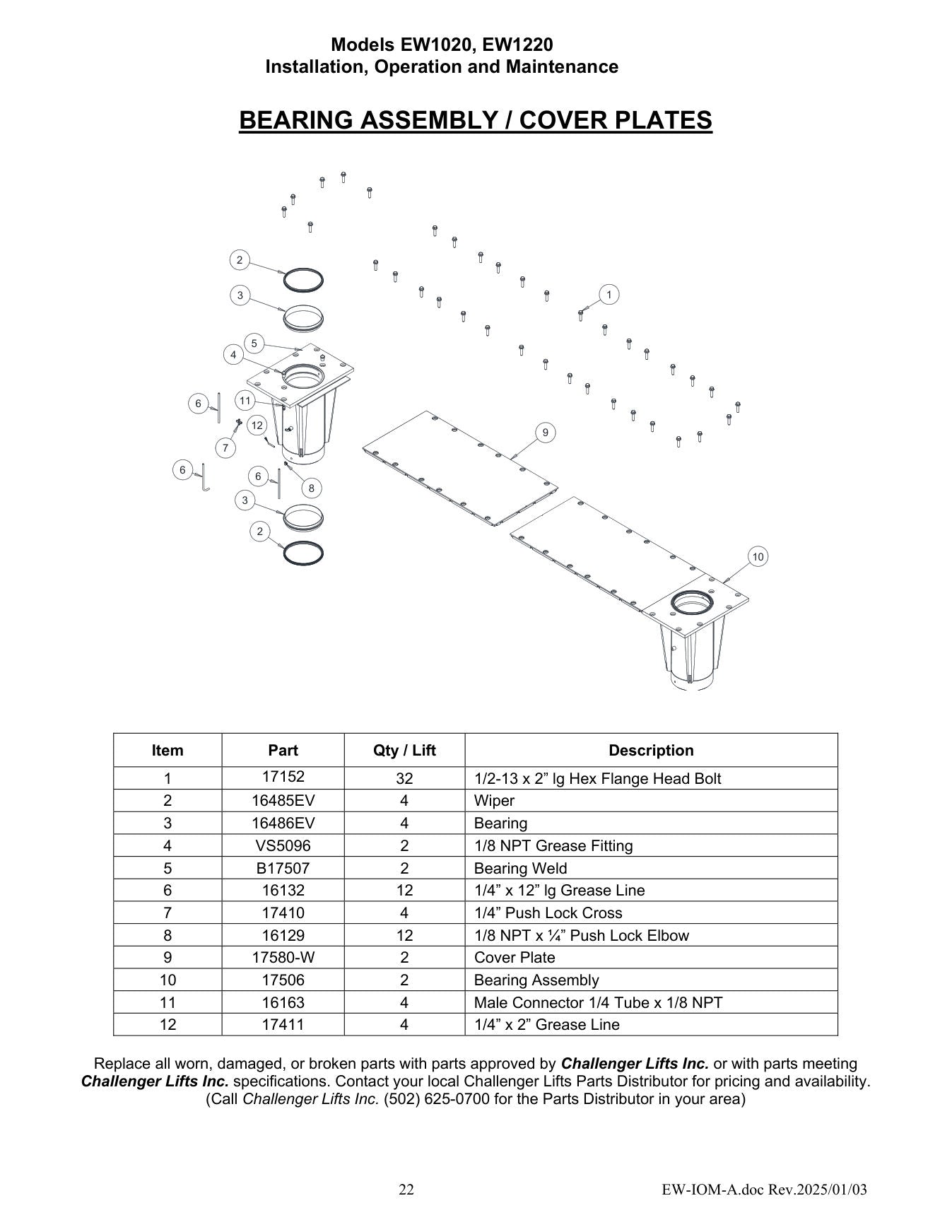 Challenger EW parts diagram — this part is item 9 (BEARING ASSEMBLY / COVER PLATES)