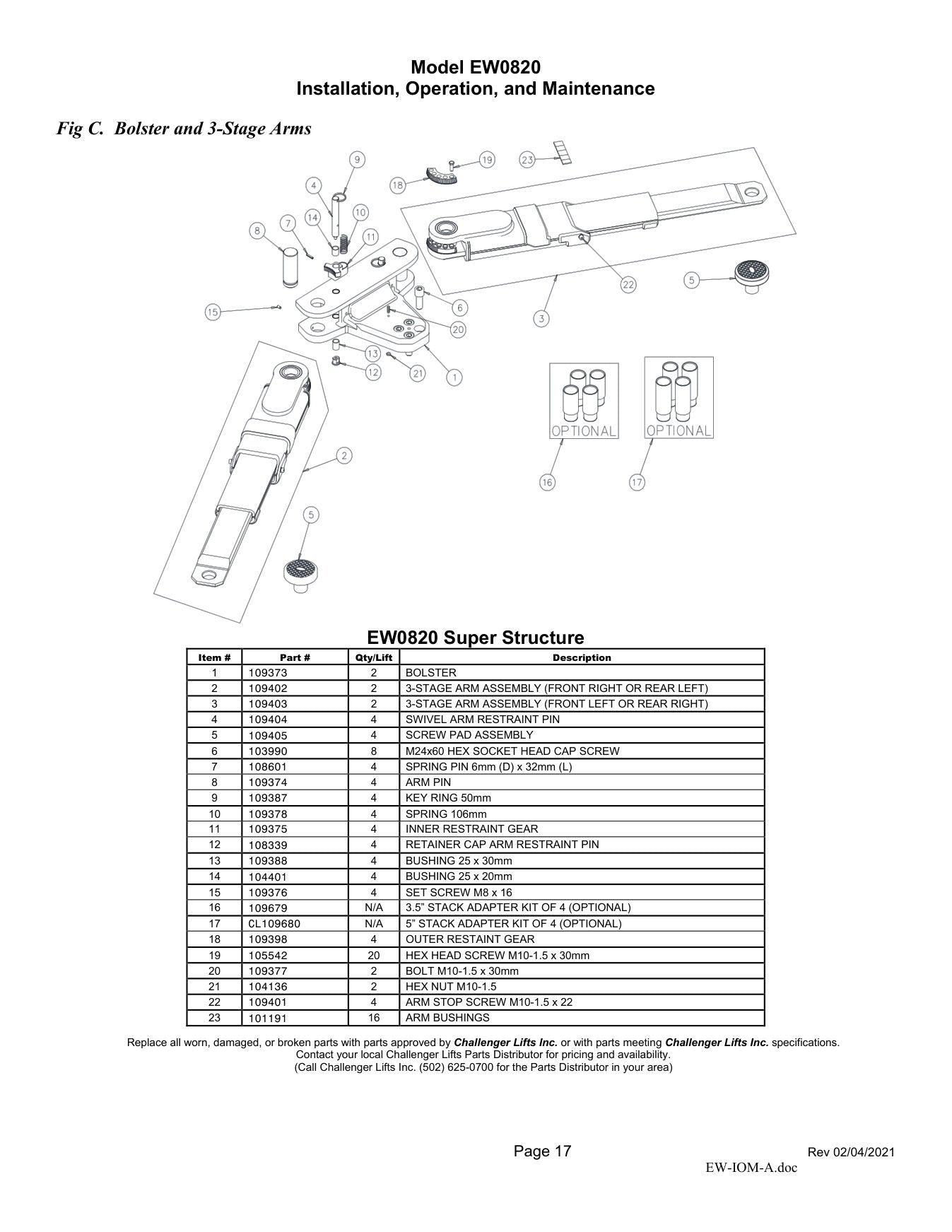 Challenger EW0820 parts diagram — this part is item 6 (Bolster and 3-Stage Arms)