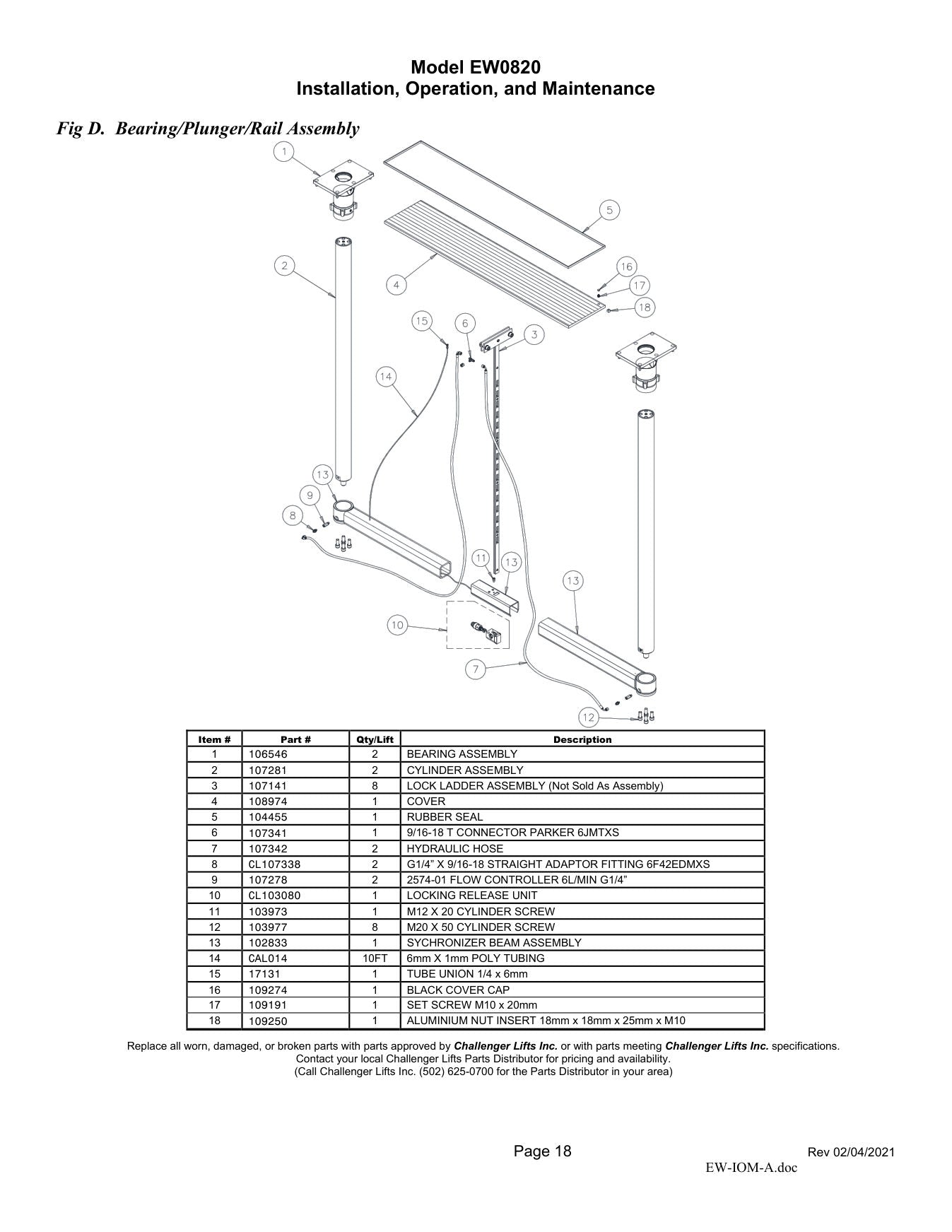 Challenger EW0820 parts diagram — this part is item 15 (Bearing/Plunger/Rail Assembly)
