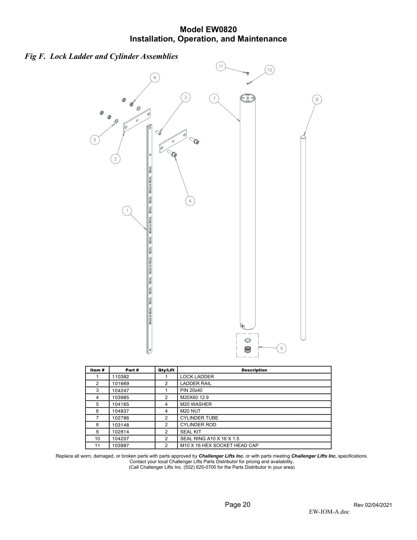 Challenger EW0820 parts diagram — this part is item 2 (Lock Ladder and Cylinder Assemblies)