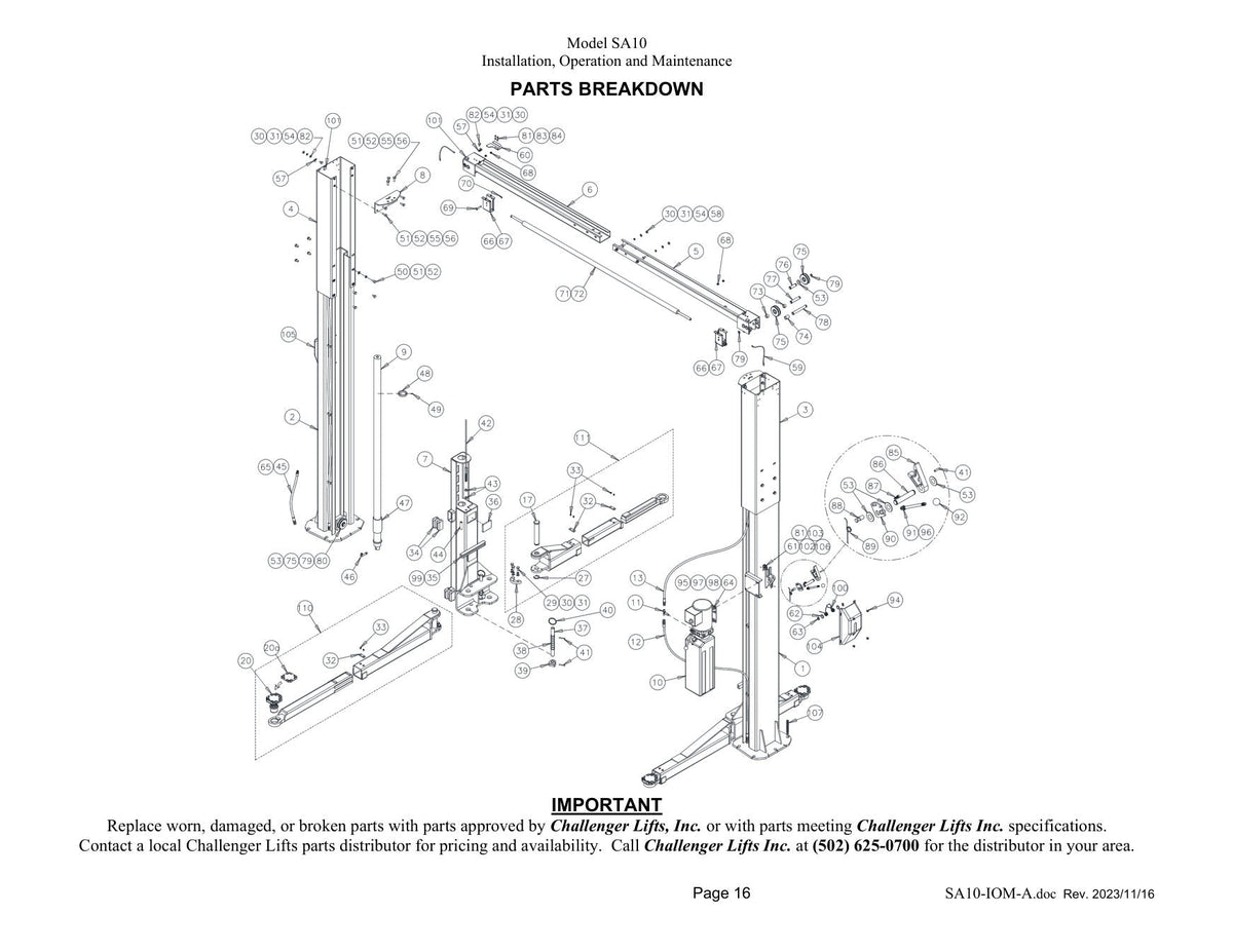 Challenger SA10 parts diagram — this part is item 90 (PARTS BREAKDOWN)
