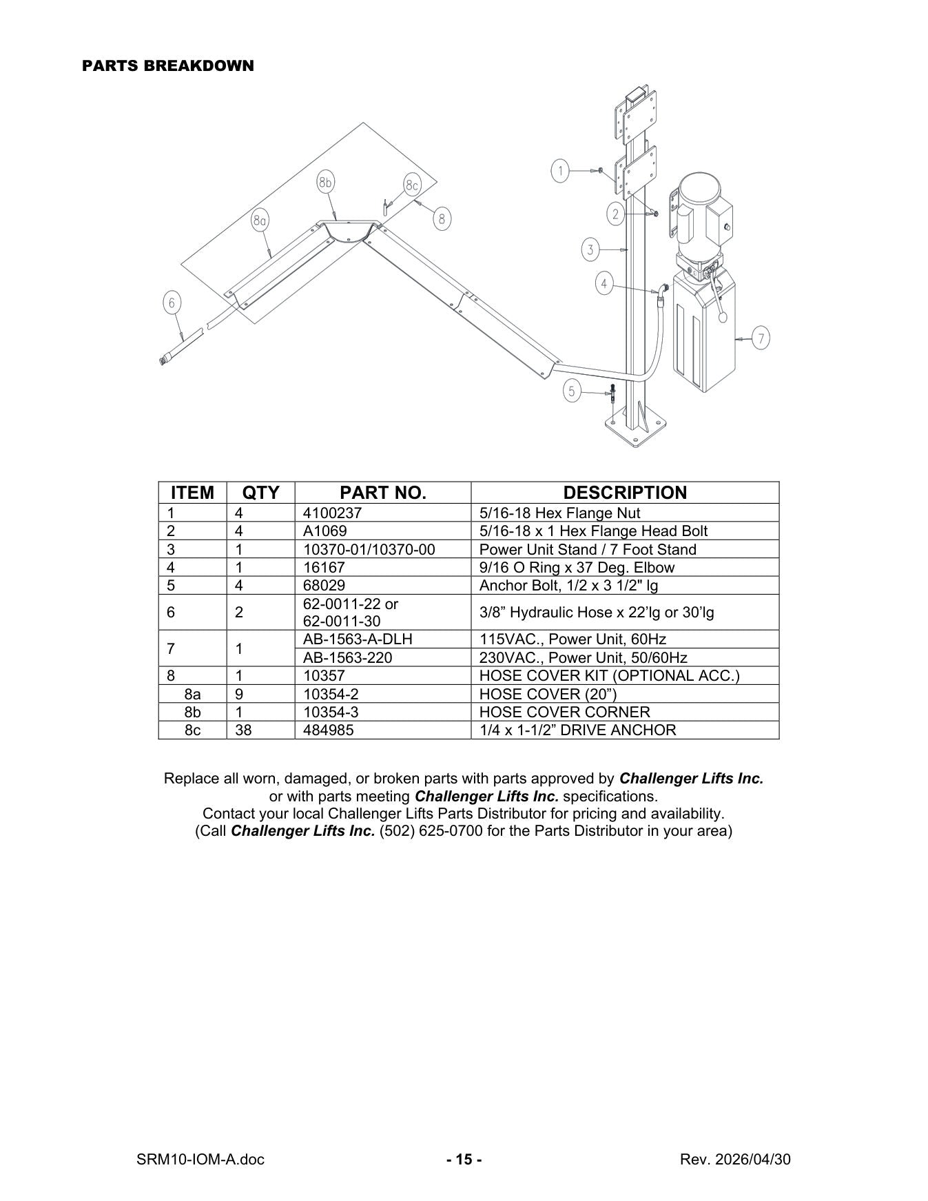 Challenger SRM10 parts diagram — this part is item 7 (PARTS BREAKDOWN (cont.))