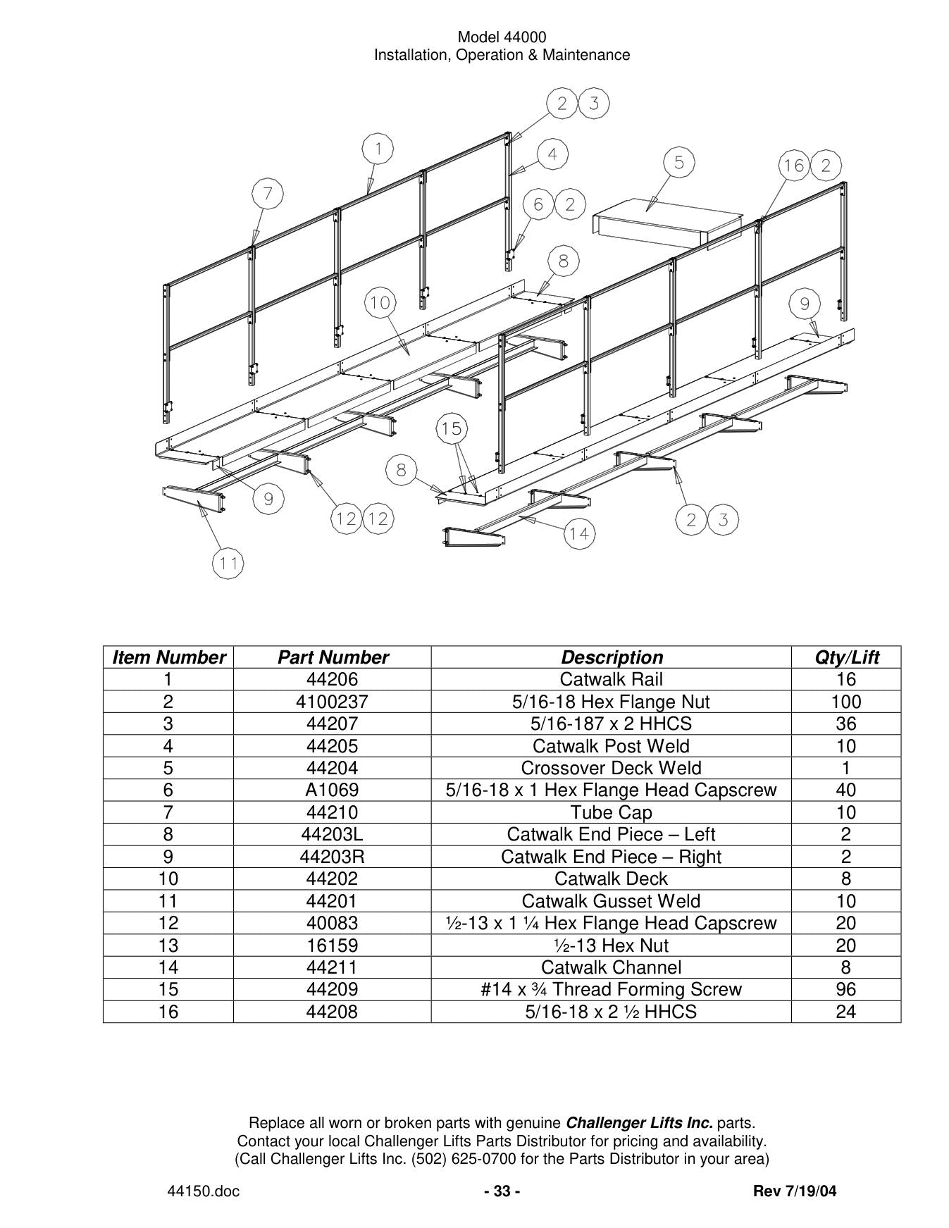 Challenger 44000 parts diagram — this part is item 16 (PARTS BREAKDOWN)