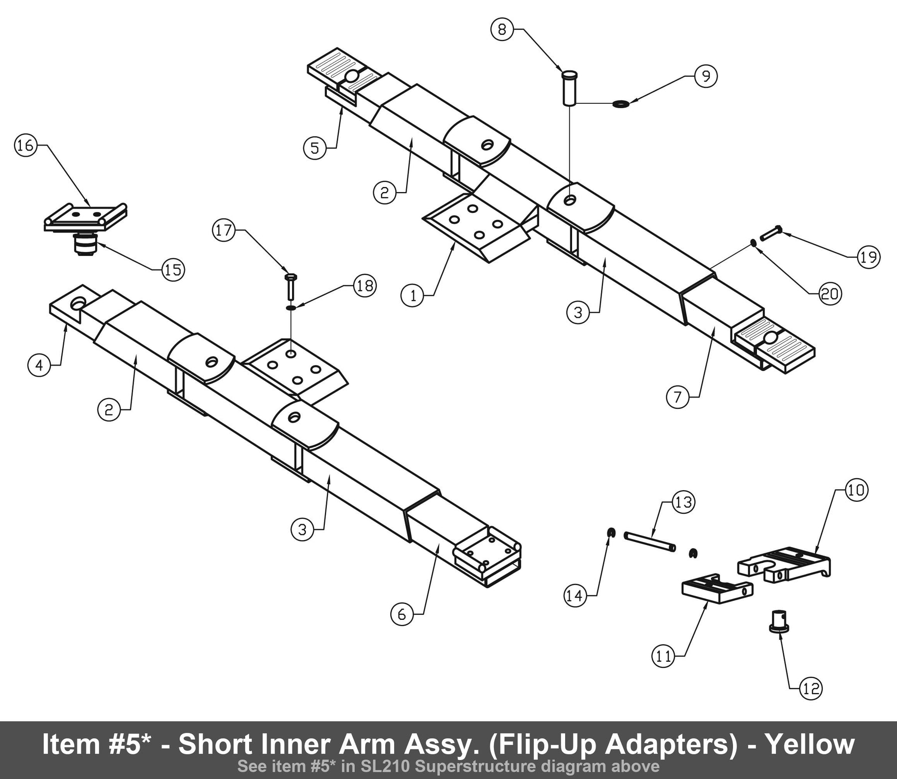 Item #5* - Short Inner Arm Assy. (Flip-Up Adapters) - Yellow