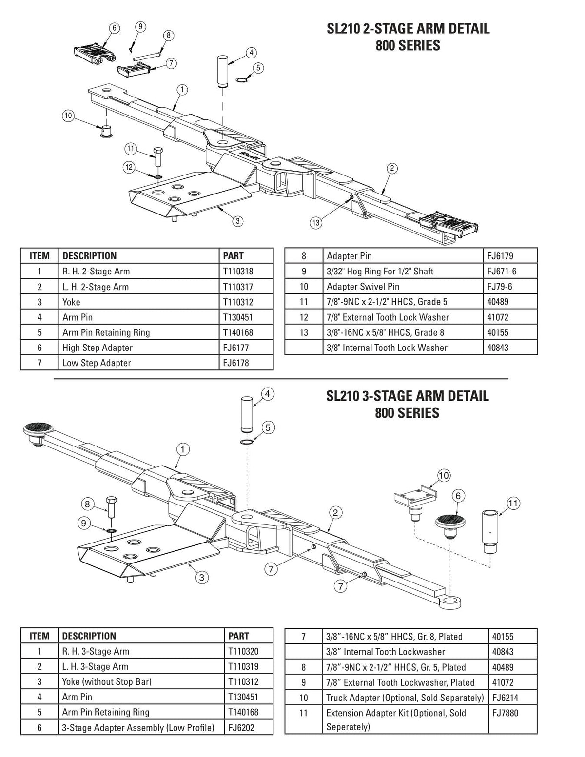 Rotary SL210/212-COMP parts diagram — this part is item 13 (SL210 2-Stage / 3-Stage Arm Details (800 Series))